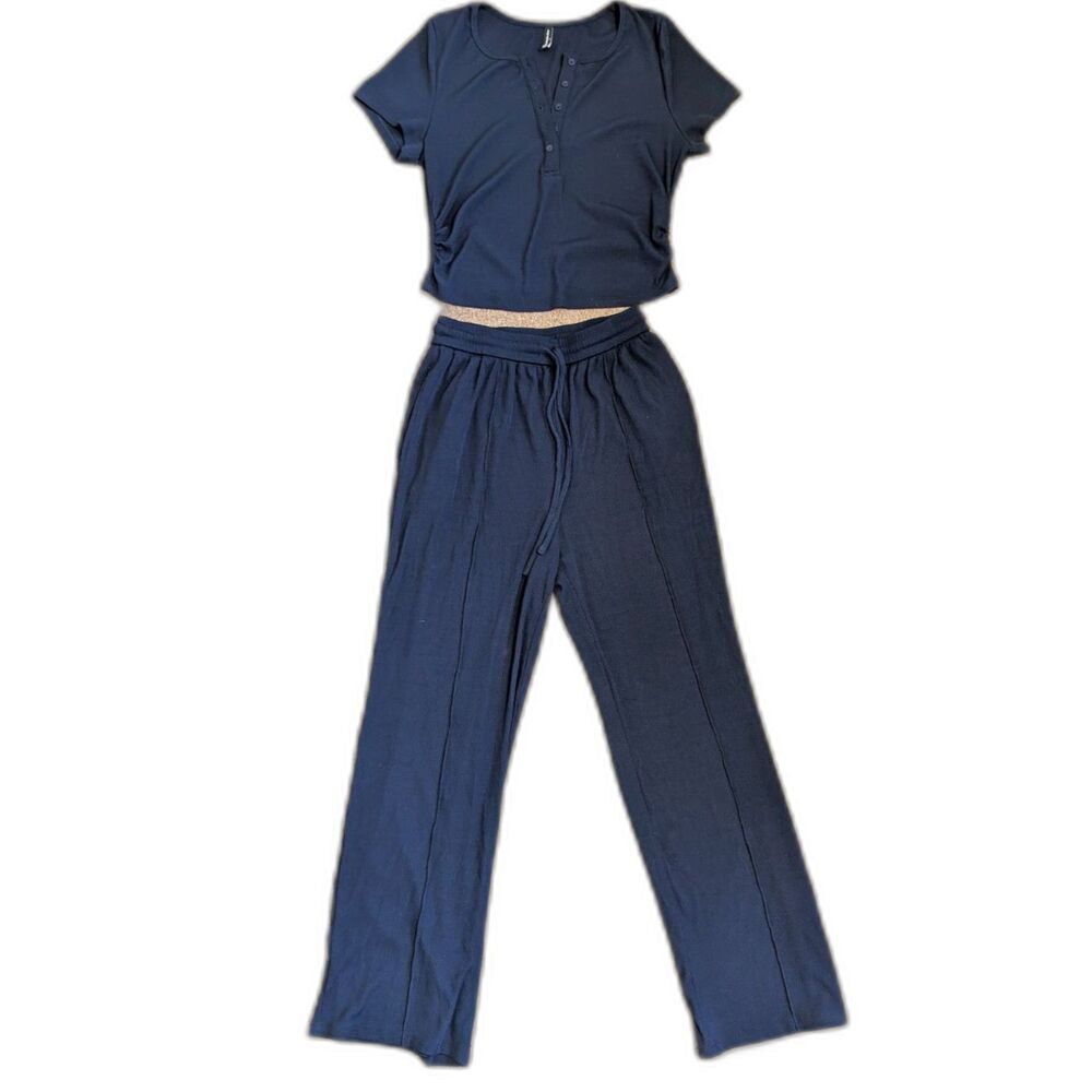 Pretty Garden Navy Blue Cropped Top & Wide Leg Bottoms Loungewear Set Size Large